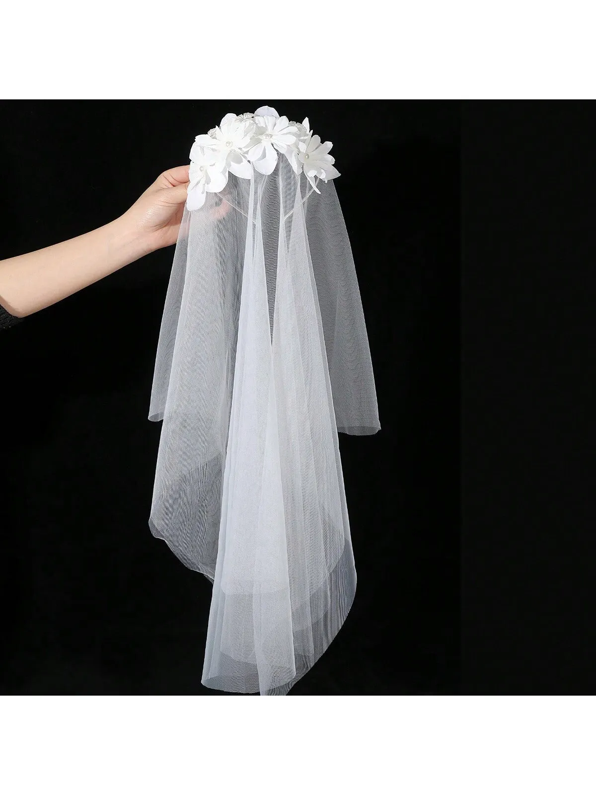 1pc Women's White Bridal Flower Headband With Veil, Suitable For Wedding Dress Elegant