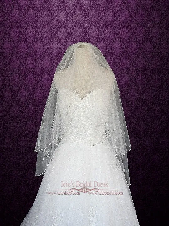 2 Tier Fingertip Bridal Veil with Sparkly Beadings on Edge VG1020