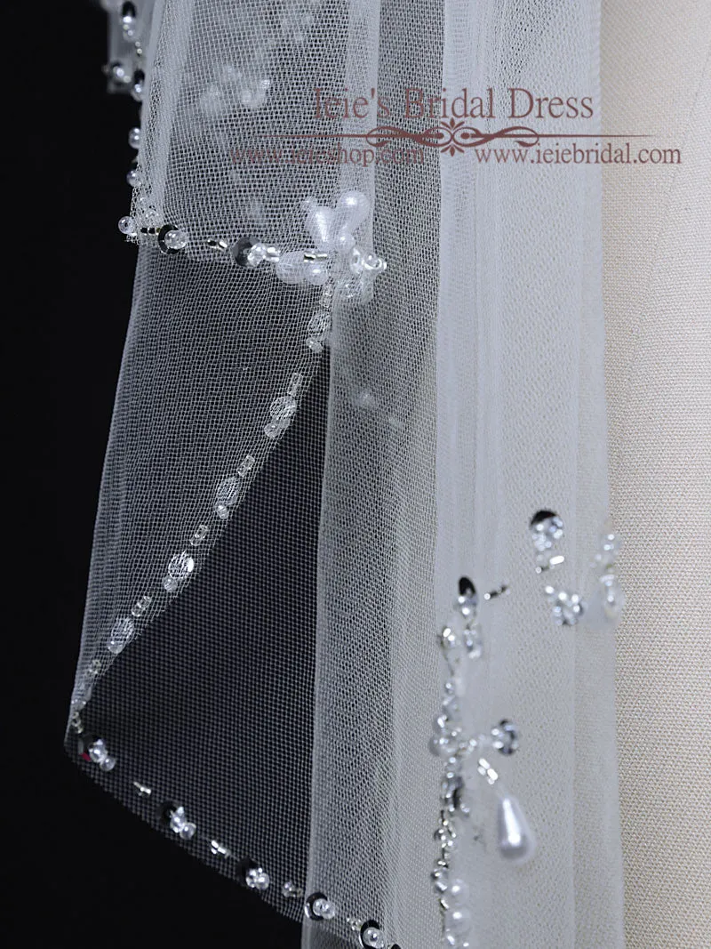 2 Tier Fingertip Bridal Veil with Sparkly Beadings on Edge VG1020