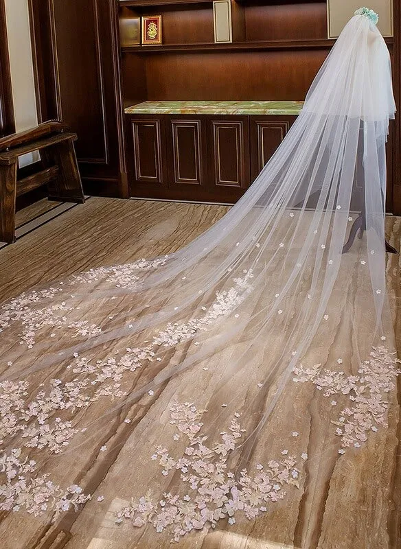 3.5m Chapel Lace Two Tier Blush Wedding Veil With Pink Flowers, SV012