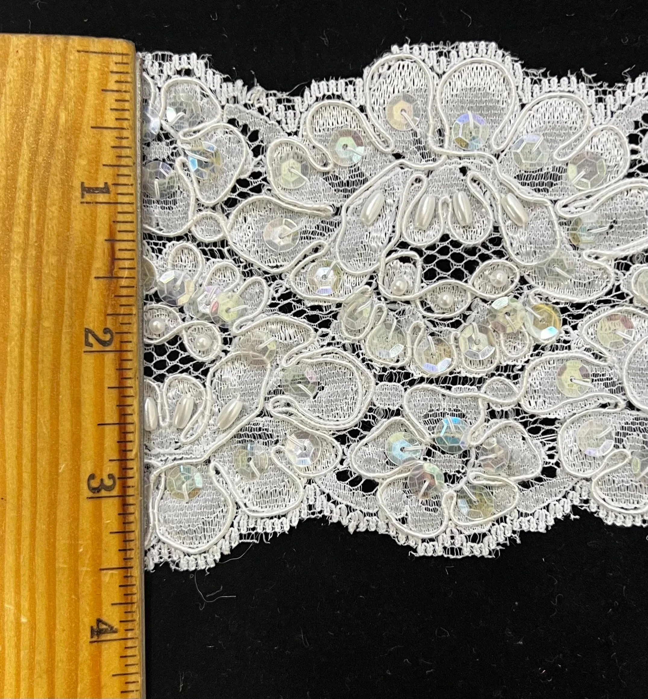 3.5" Beaded & Corded Bridal Embroidered Lace Trimming - 1 Yard!