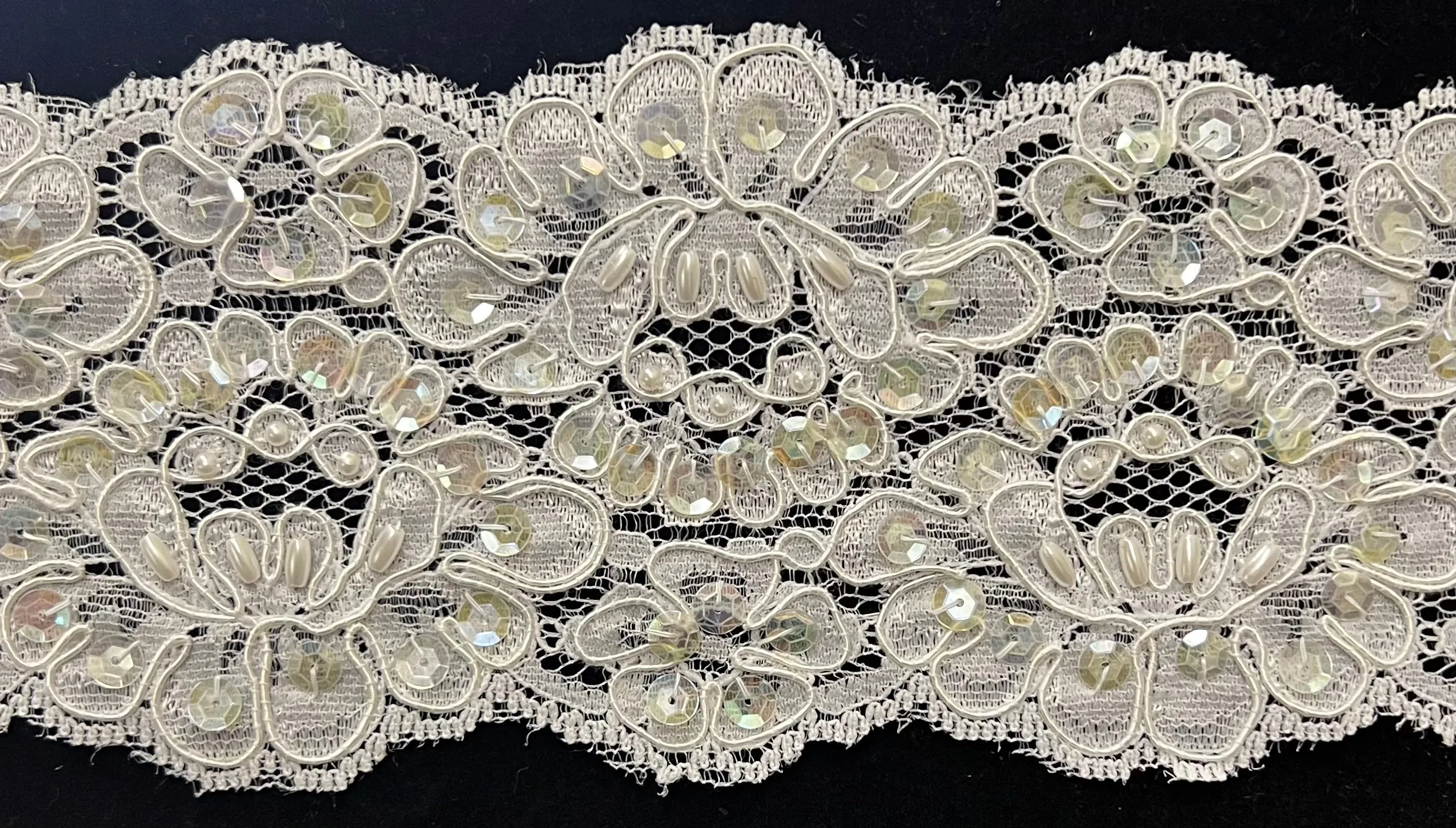 3.5" Beaded & Corded Bridal Embroidered Lace Trimming - 1 Yard!