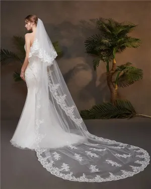 Applique Lace Blusher Cathedral Length Wedding Veil