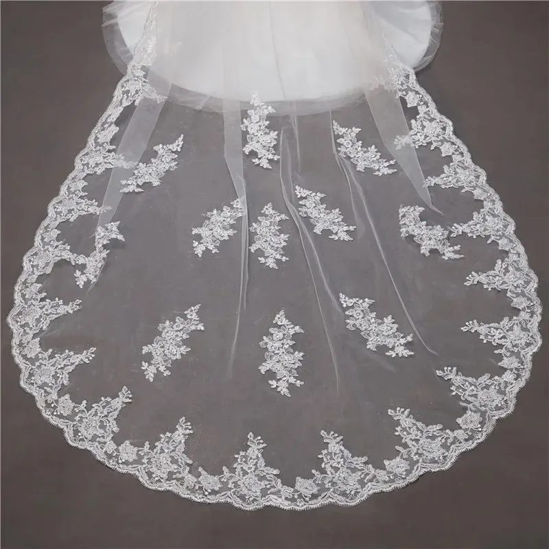 Applique Lace Blusher Cathedral Length Wedding Veil