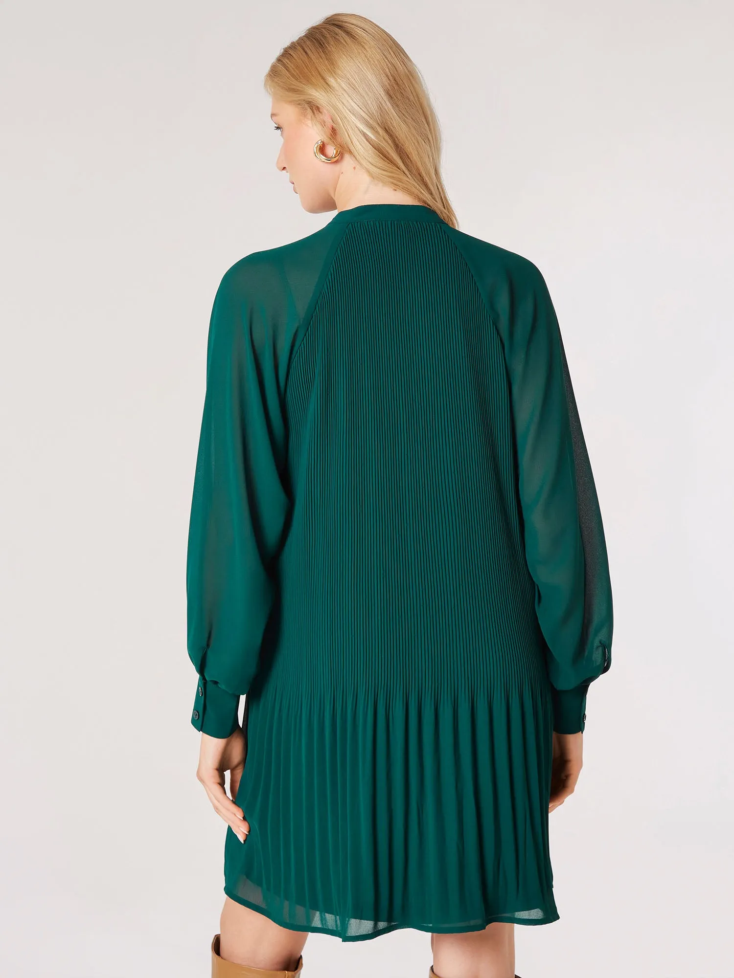 Apricot Plisse Long Sleeve Chiffon Dress
