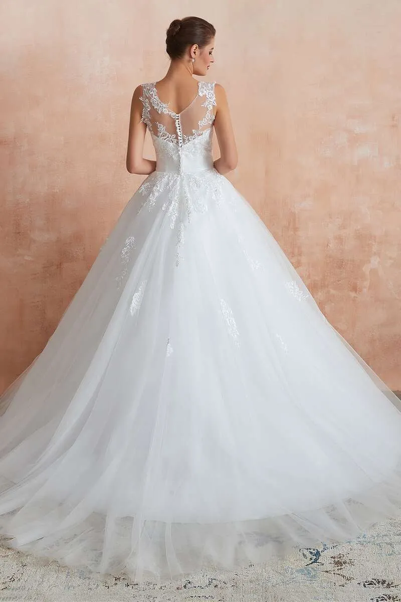 Ball Gown Appliqus Wedding Dress with Sheer Back