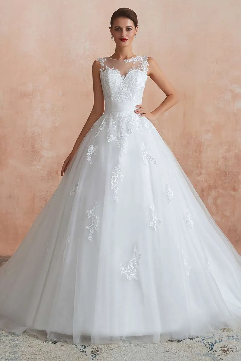 Ball Gown Appliqus Wedding Dress with Sheer Back