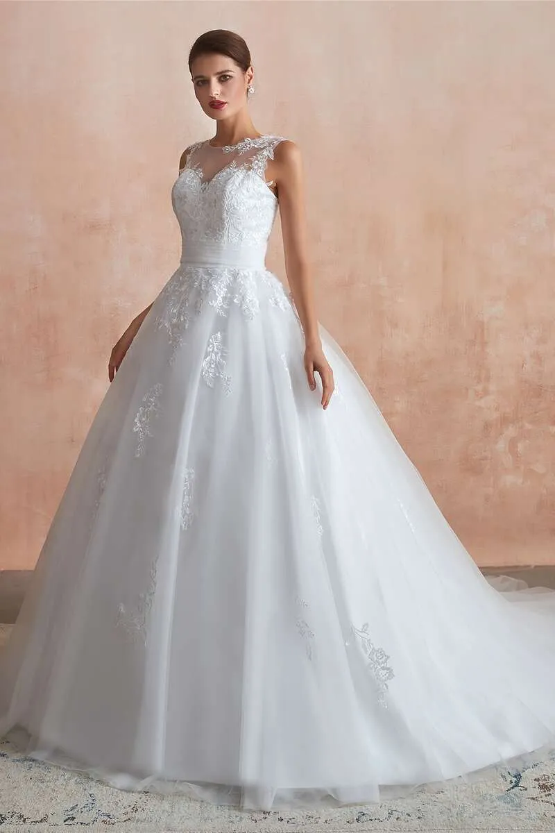 Ball Gown Appliqus Wedding Dress with Sheer Back