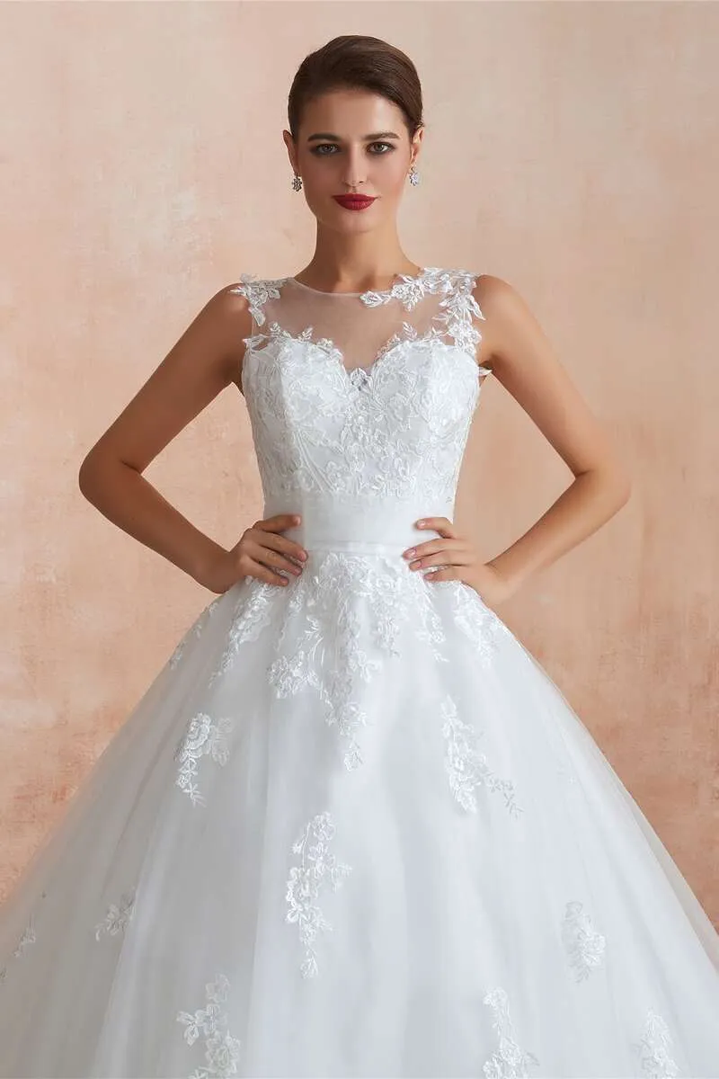 Ball Gown Appliqus Wedding Dress with Sheer Back