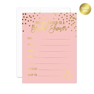 Blush Pink and Metallic Gold Confetti Polka Dots Wedding Blank Bridal Shower Invitations with Envelopes