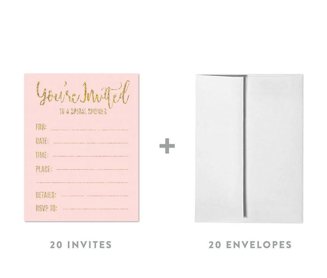 Blush Pink Gold Glitter Print Wedding Blank Bridal Shower Invitations with Envelopes
