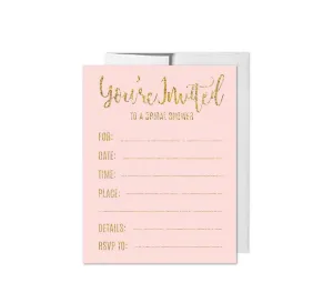 Blush Pink Gold Glitter Print Wedding Blank Bridal Shower Invitations with Envelopes