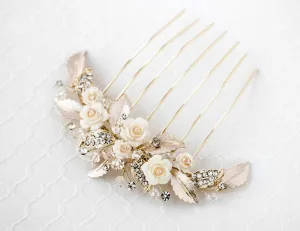 Bridal Veil Comb of Porcelain Flowers and Light Gold Leaves