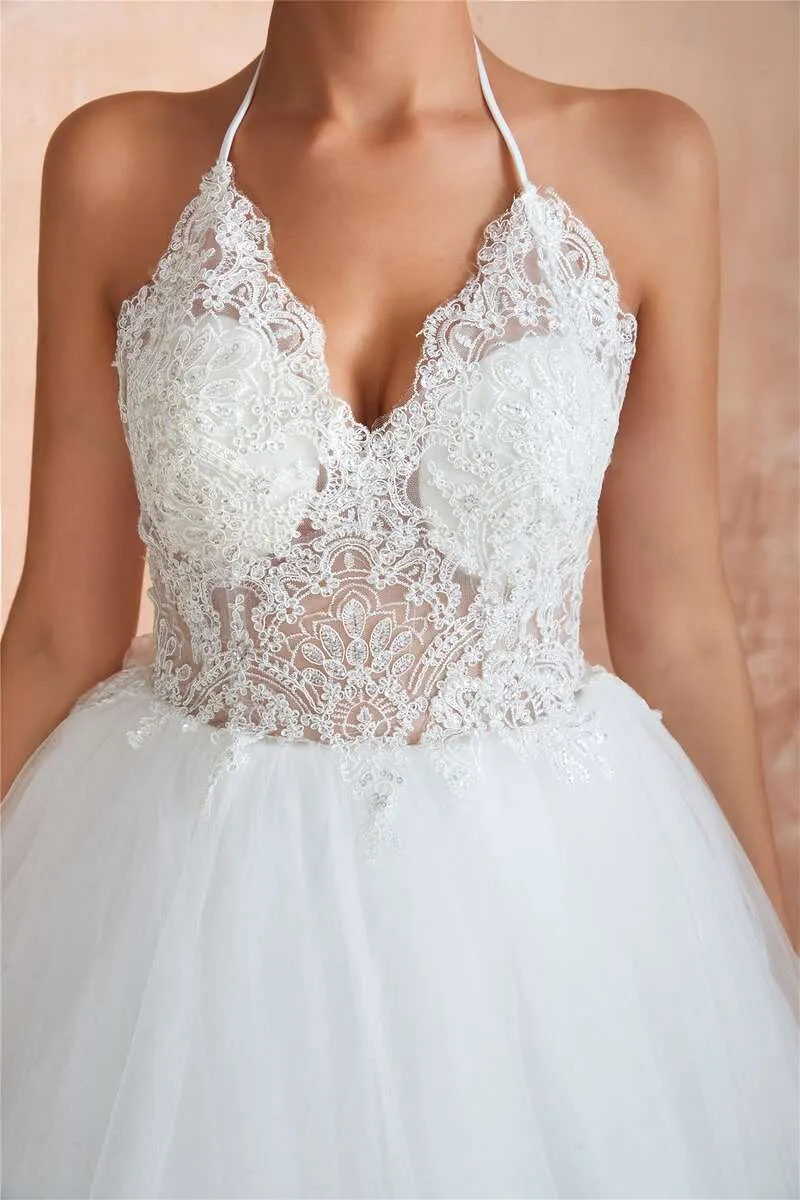 Chic Lace Halter Backless A-Line Wedding Dress