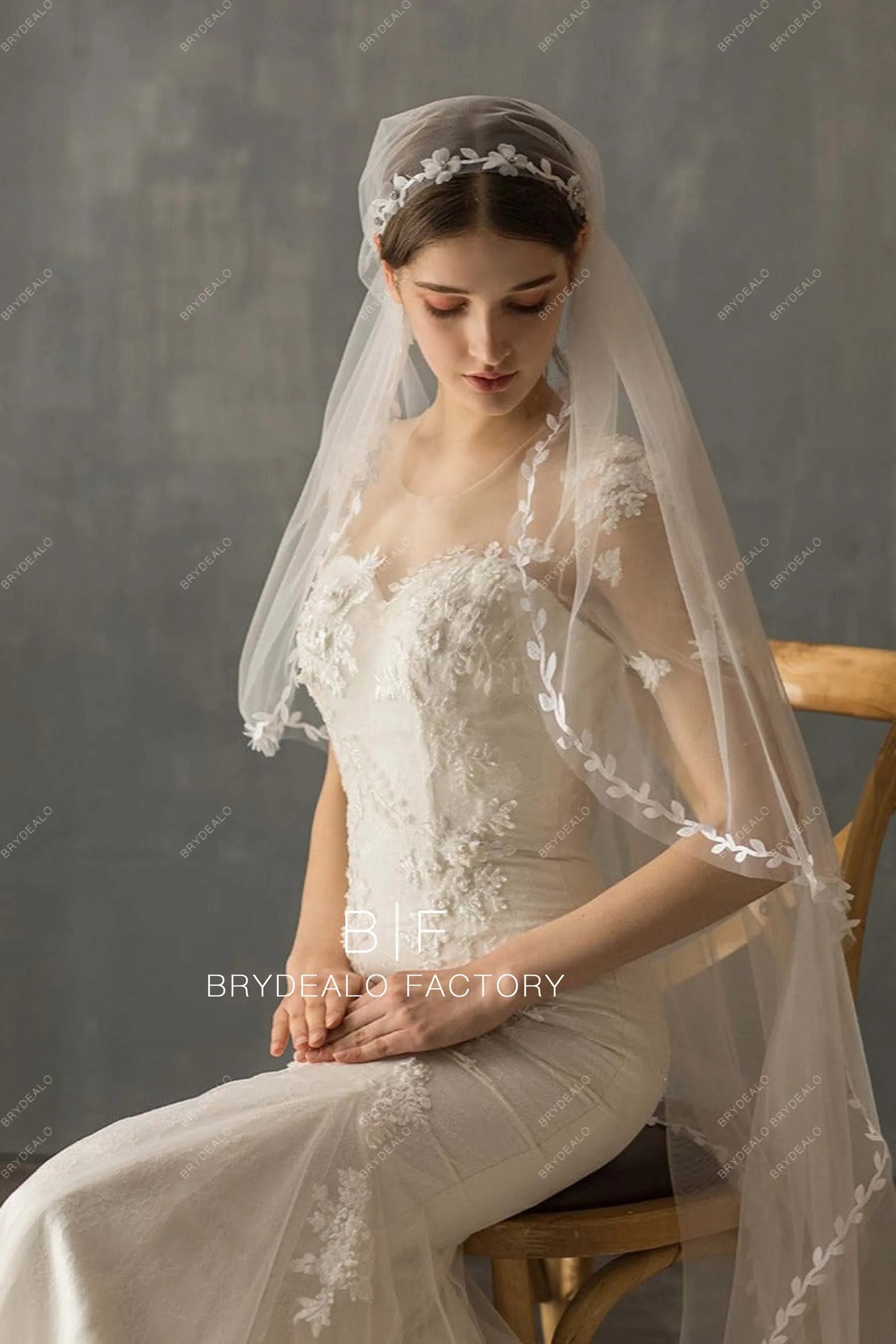 Classic Leaf Lace Trim Bridal Veil Ballet Length Wedding Cap Veil