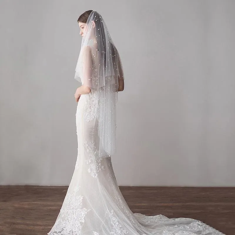 CPA1423 1.2M One Layer Ivory Pearl Beaded Soft Wedding Veils | Bridelily