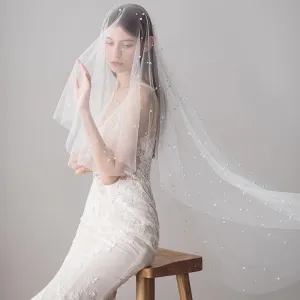 CPA1423 1.2M One Layer Ivory Pearl Beaded Soft Wedding Veils | Bridelily CPA1423 1.2M One Layer Ivory Pearl Beaded Soft Wedding Veils | Bridelily
