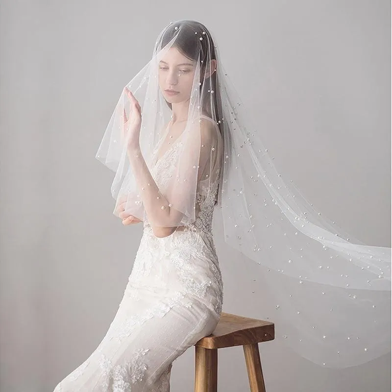 CPA1423 1.2M One Layer Ivory Pearl Beaded Soft Wedding Veils | Bridelily