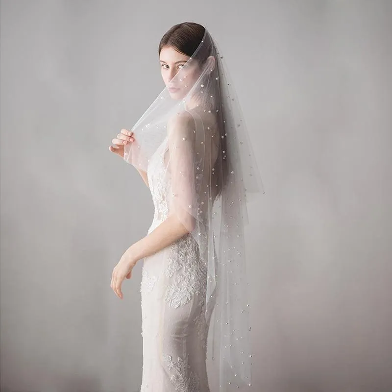 CPA1423 1.2M One Layer Ivory Pearl Beaded Soft Wedding Veils | Bridelily