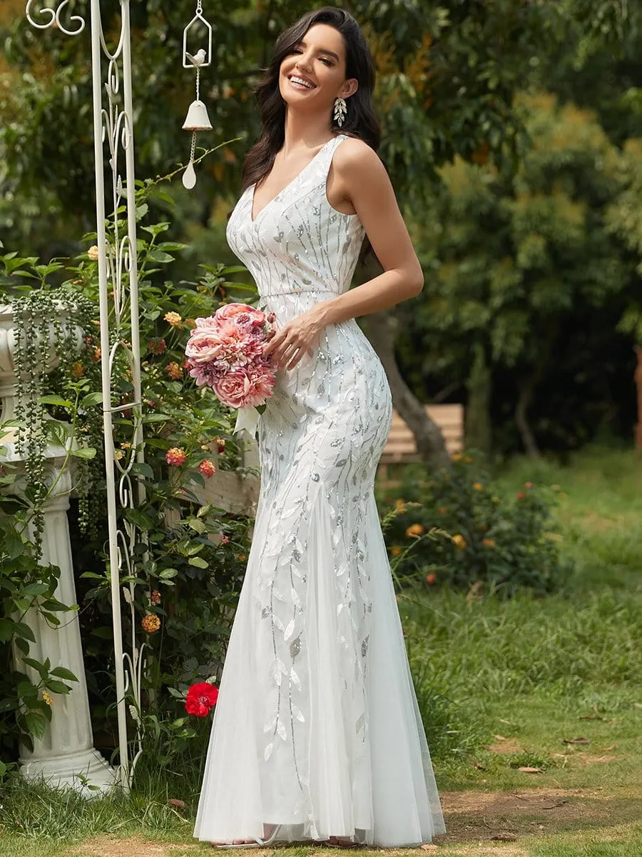 Double V-Neck Sequin Outdoor Mermaid Wedding Dress