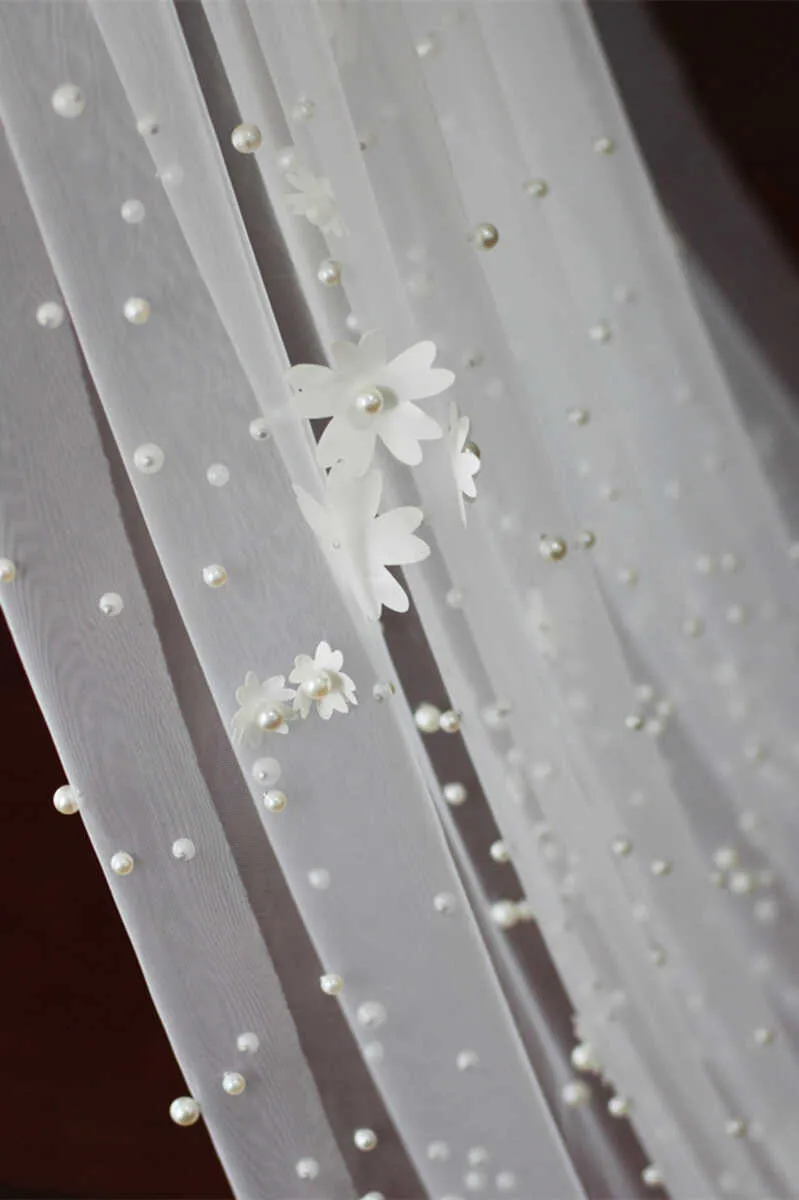 Dreamy Mesh Flower & Pearl Long Bridal Veil