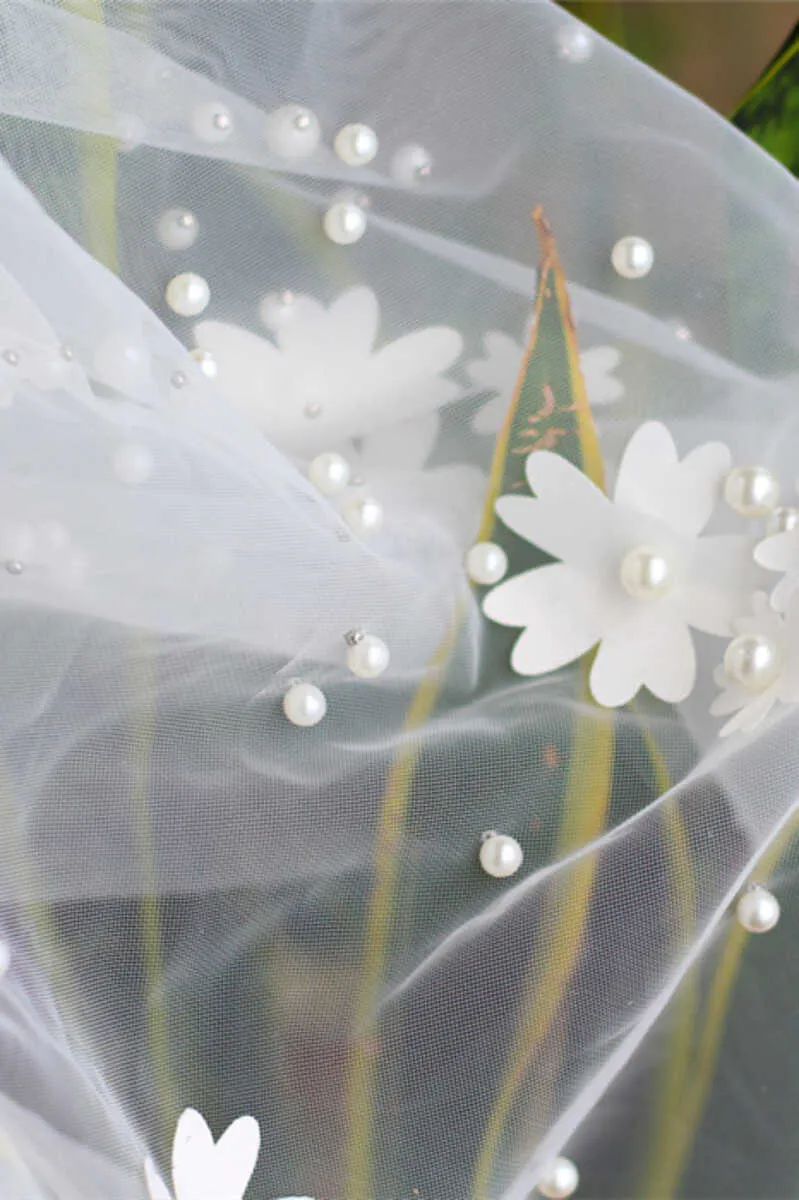 Dreamy Mesh Flower & Pearl Long Bridal Veil
