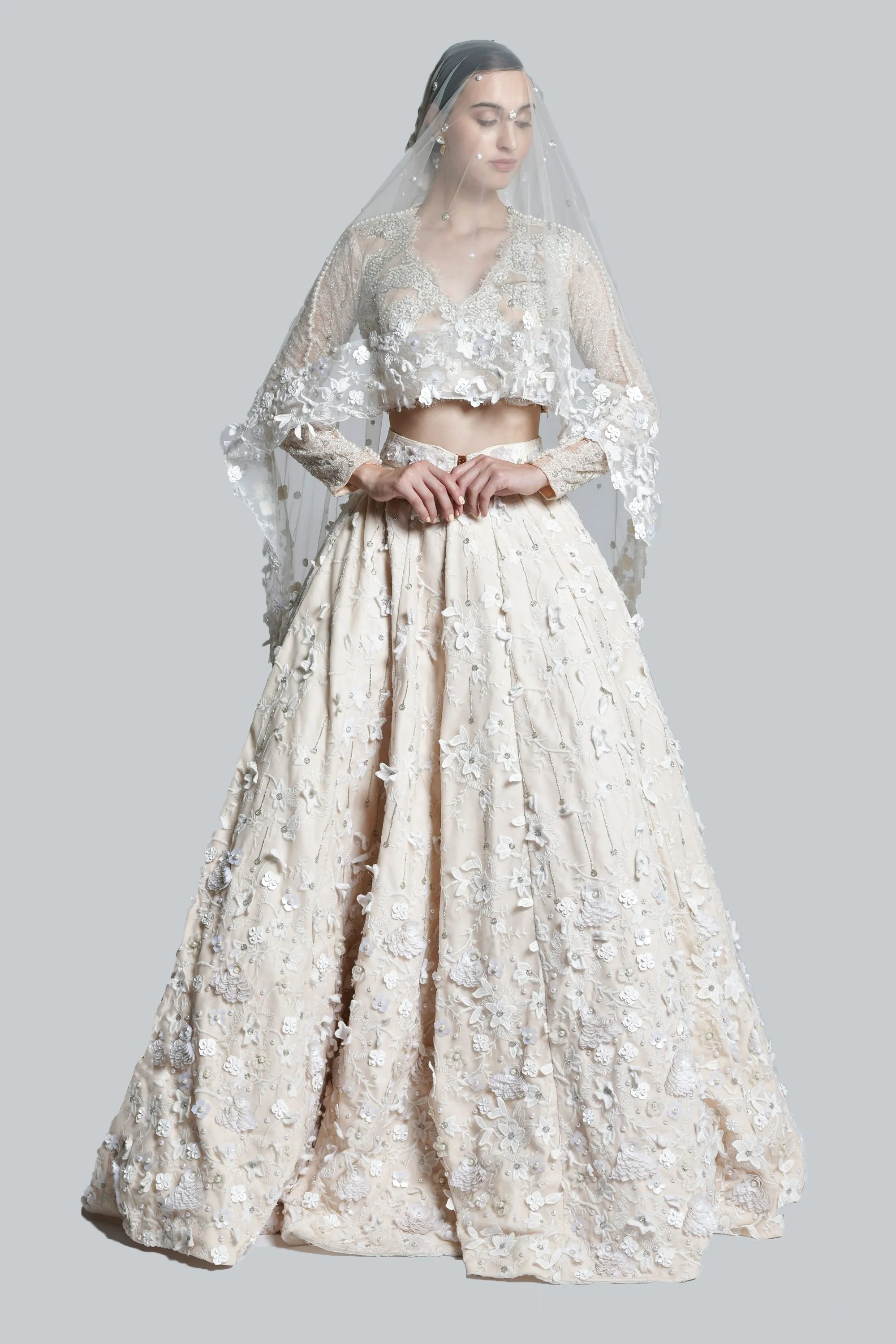 Ecru Carnation Skein Lehenga with Chantilly Lace, Pearl Bustier & Lace Trail