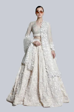 Ecru Carnation Skein Lehenga with Chantilly Lace, Pearl Bustier & Lace Trail