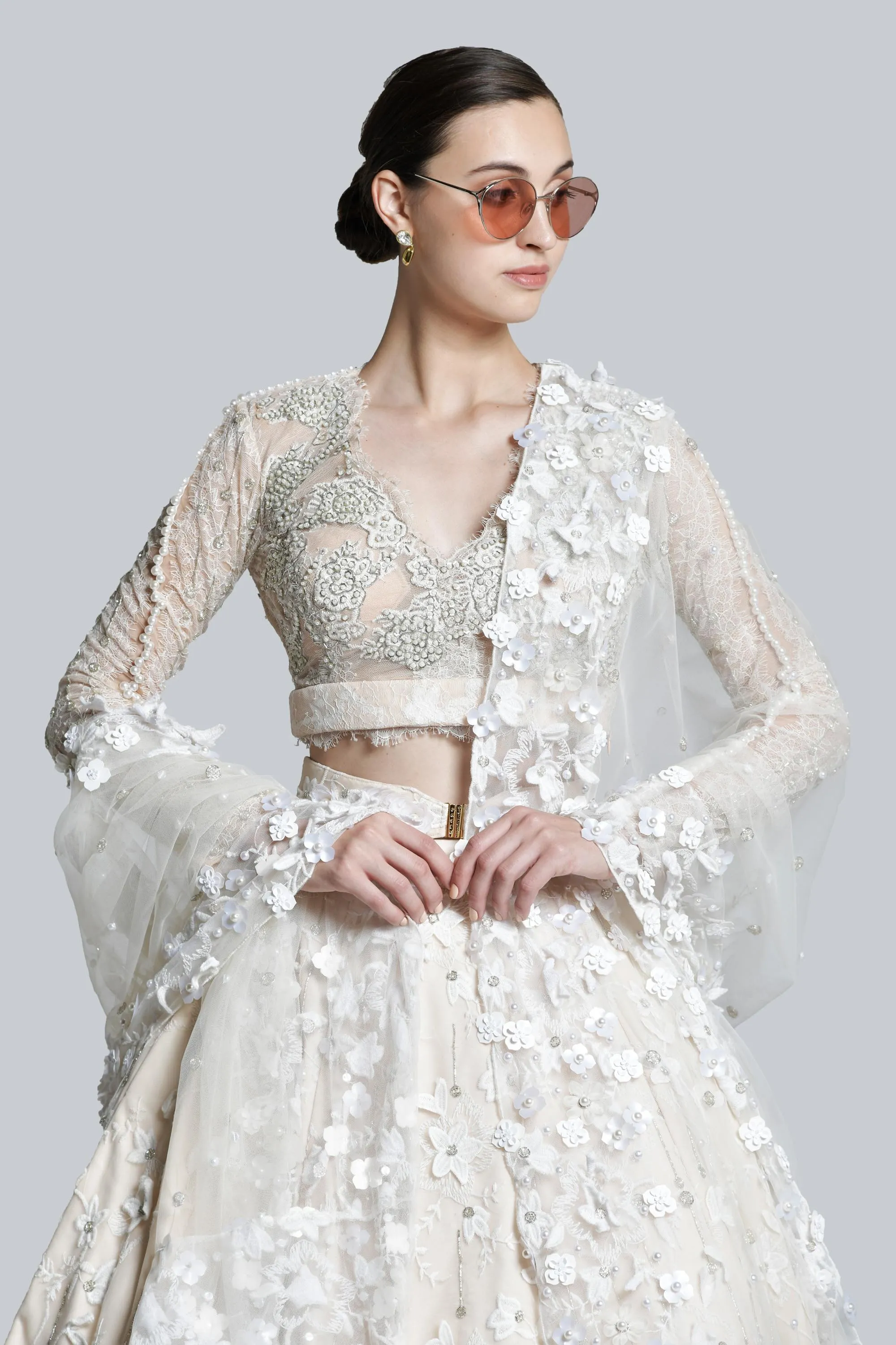 Ecru Carnation Skein Lehenga with Chantilly Lace, Pearl Bustier & Lace Trail