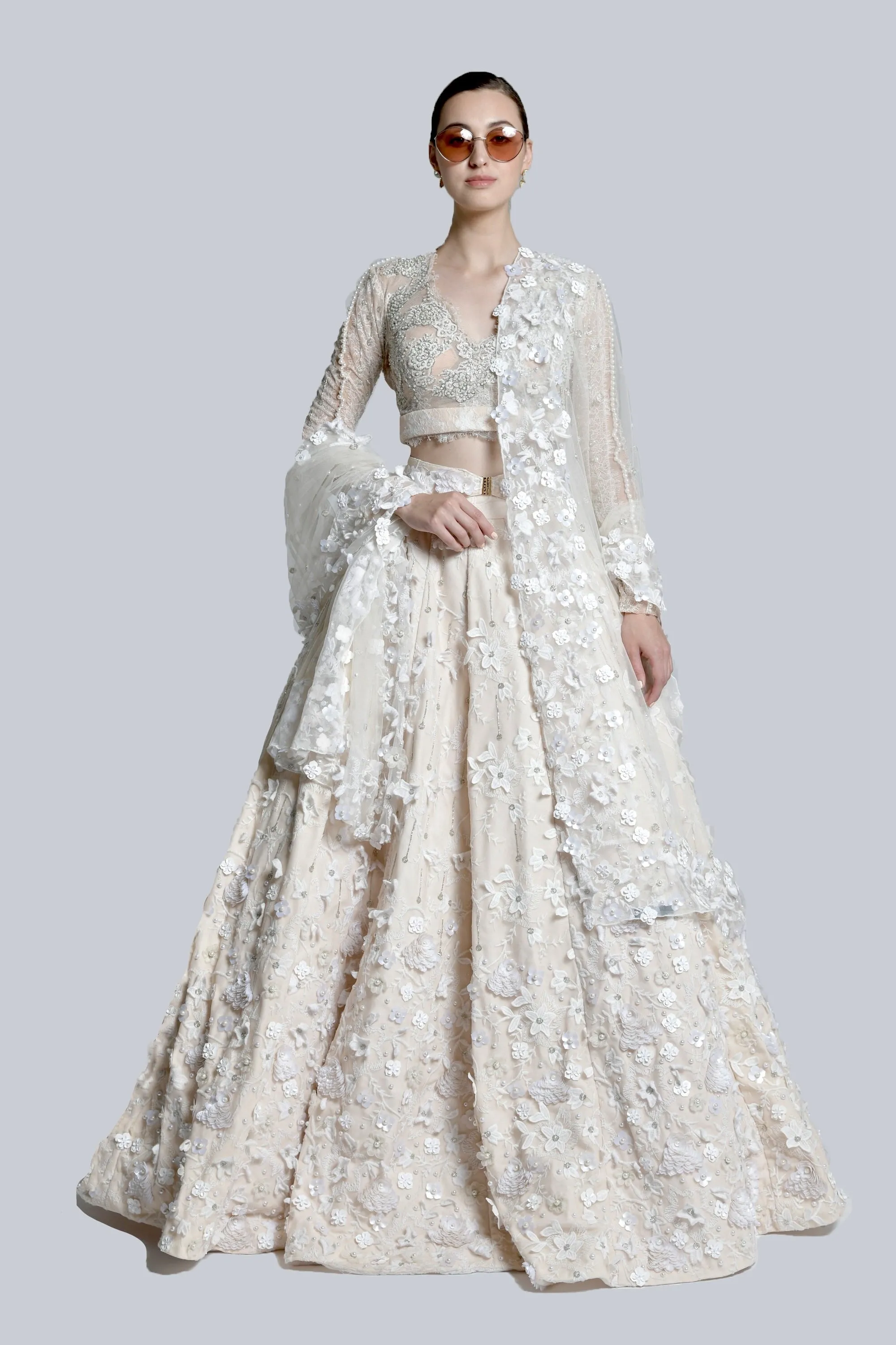 Ecru Carnation Skein Lehenga with Chantilly Lace, Pearl Bustier & Lace Trail