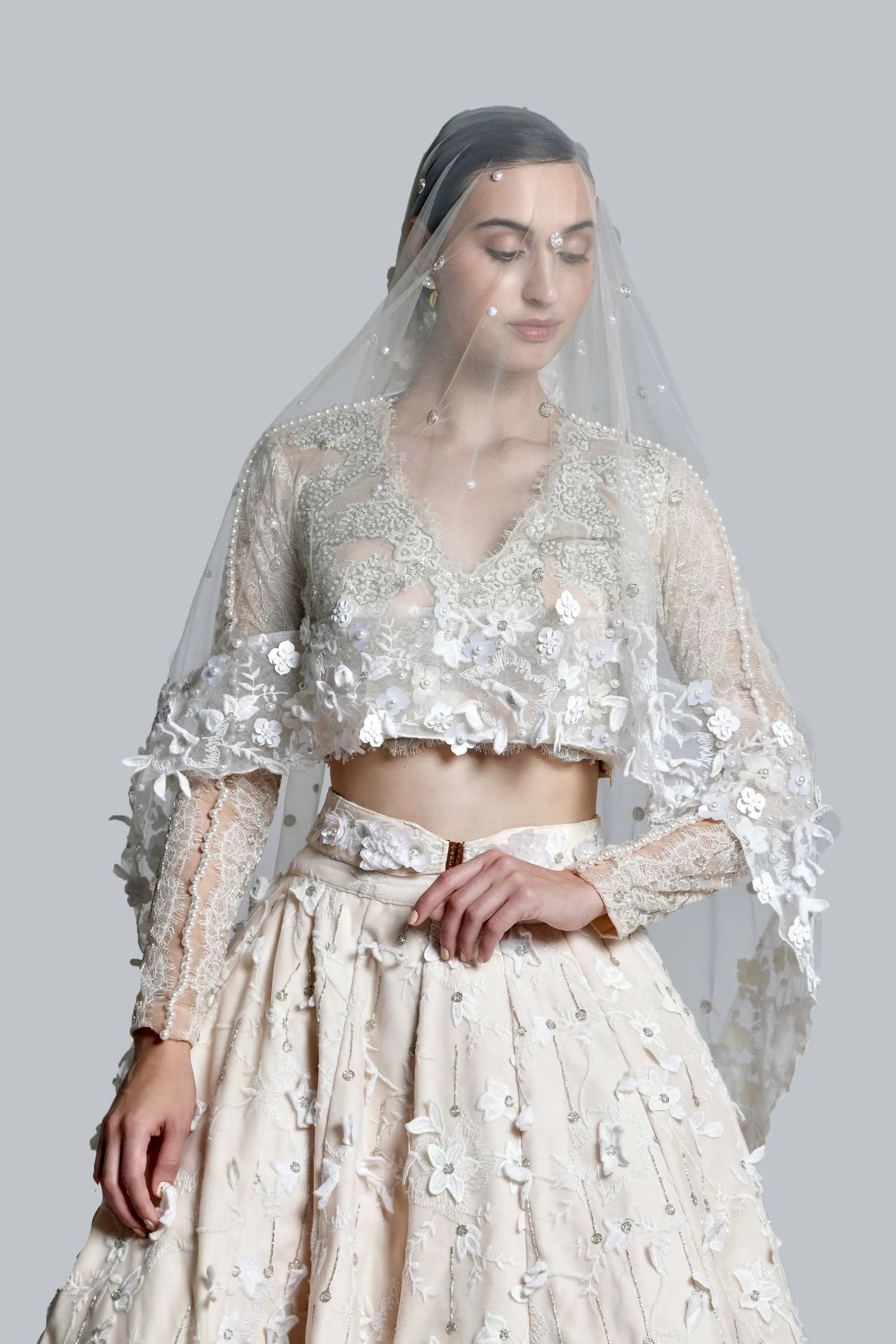 Ecru Carnation Skein Lehenga with Chantilly Lace, Pearl Bustier & Lace Trail