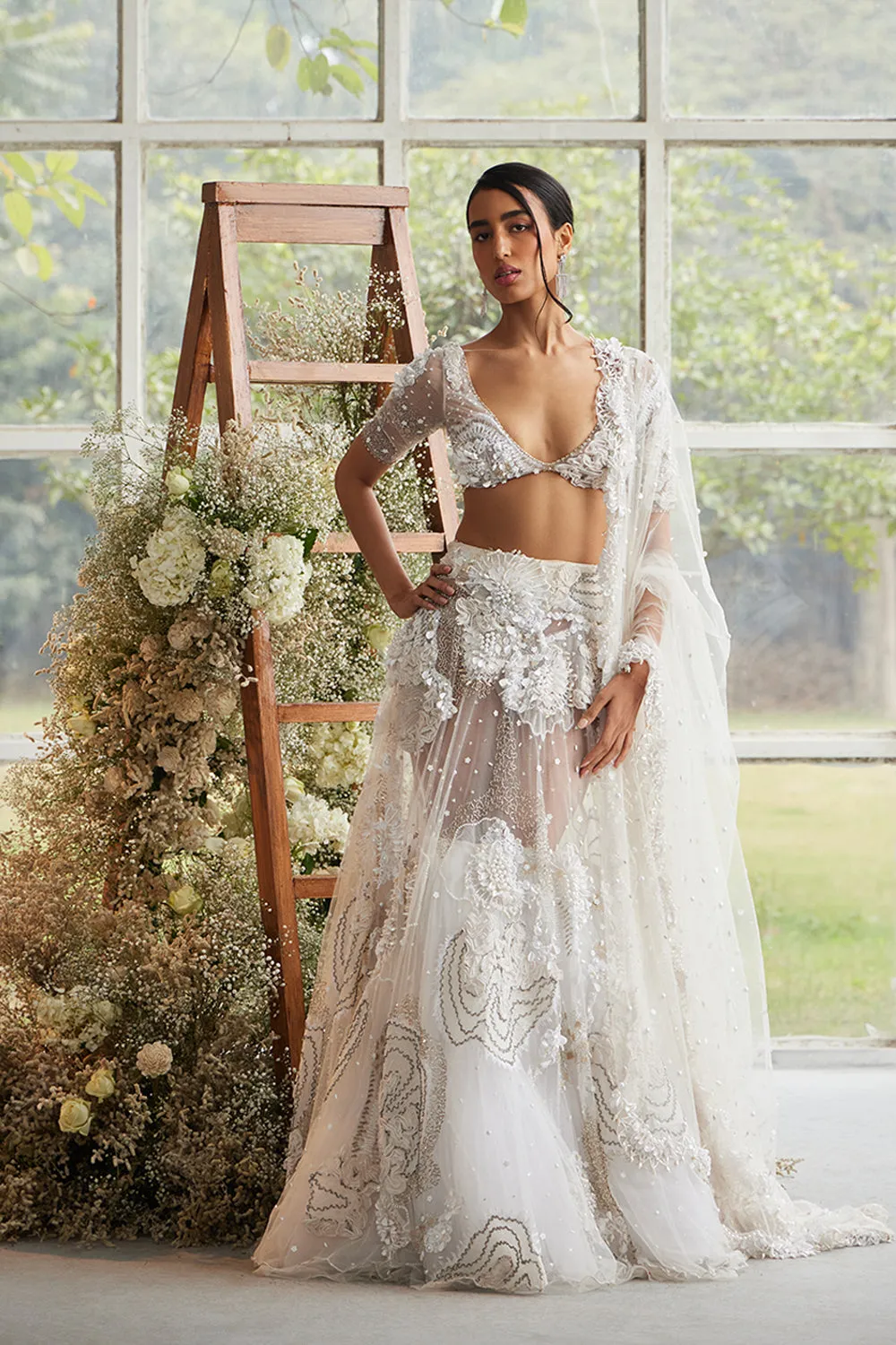 Ecru Iridescent Bloom Lehenga with Pearl Encrusted Veil