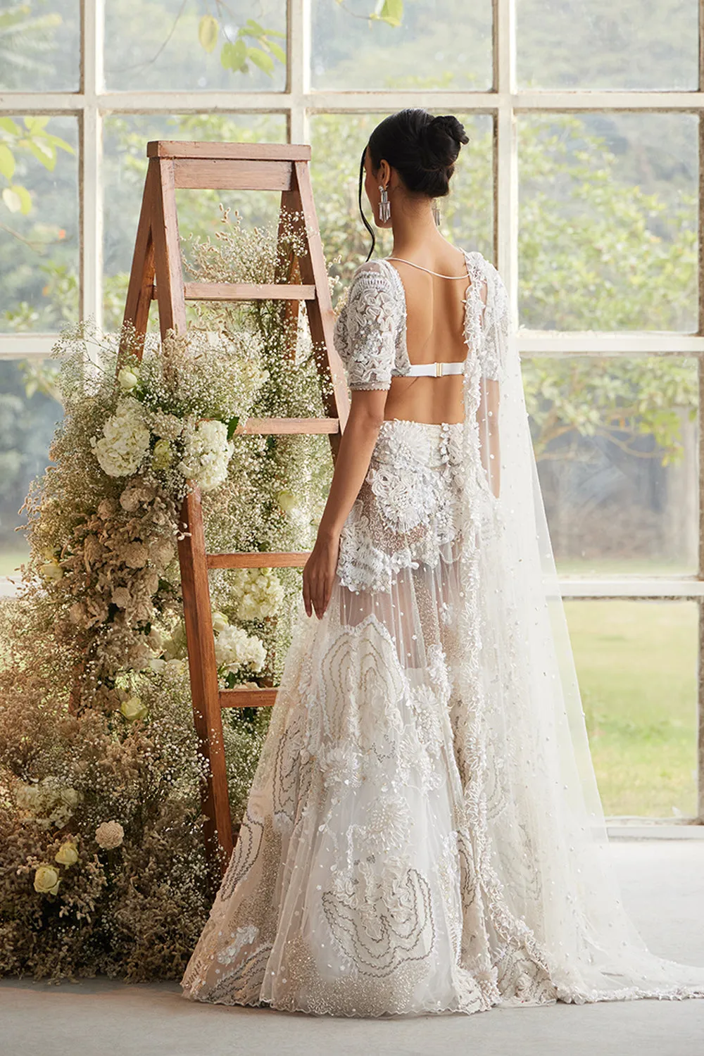 Ecru Iridescent Bloom Lehenga with Pearl Encrusted Veil