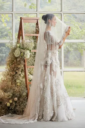 Ecru Iridescent Bloom Lehenga with Pearl Encrusted Veil
