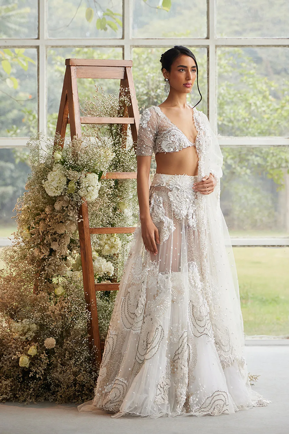 Ecru Iridescent Bloom Lehenga with Pearl Encrusted Veil