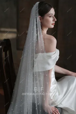 Elegant Allover Pearls Silver Glitter Chapel Length Bridal Veil
