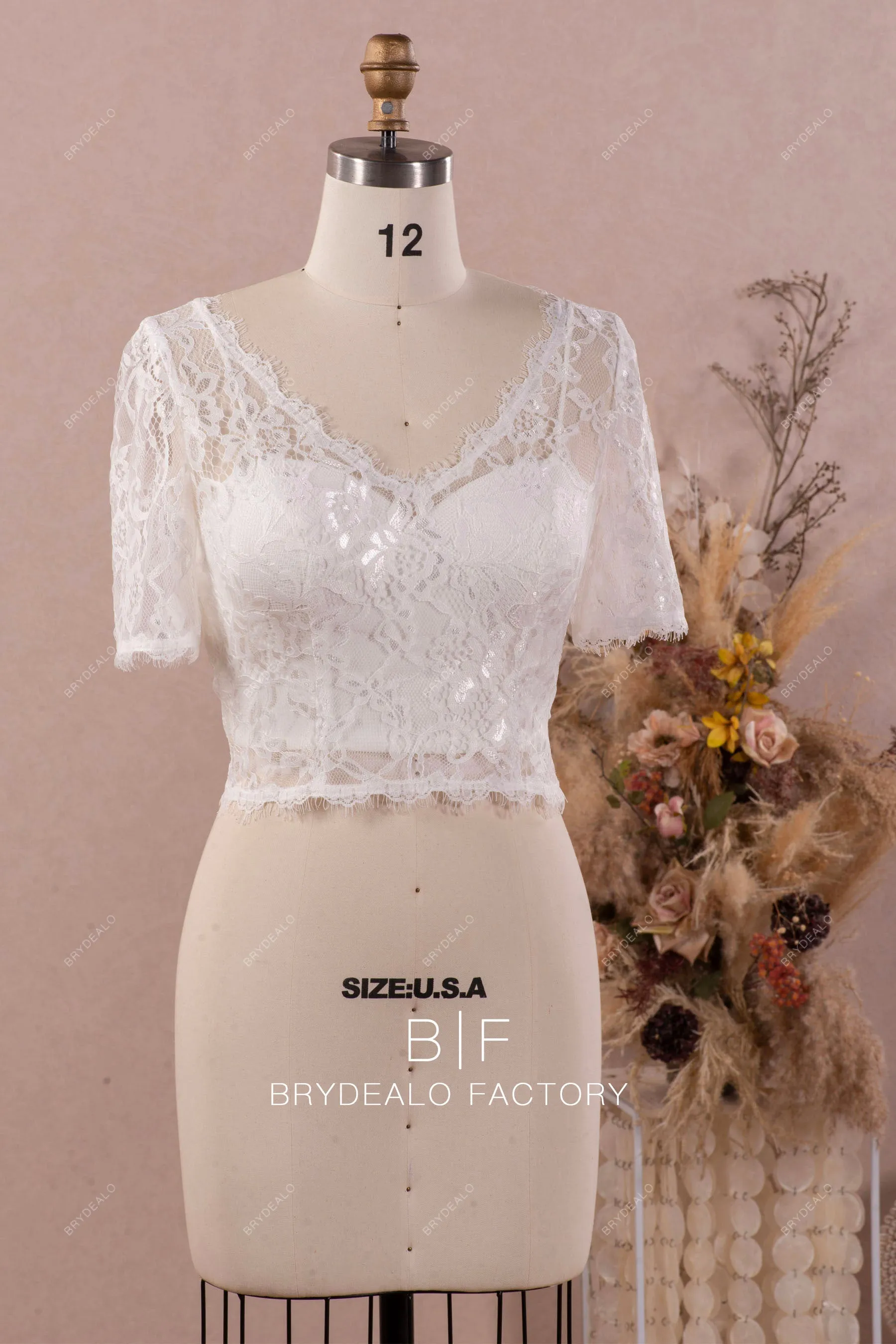 Elegant Lace Half Sleeves Crop Top Thin Strap Crepe Wedding Bolero