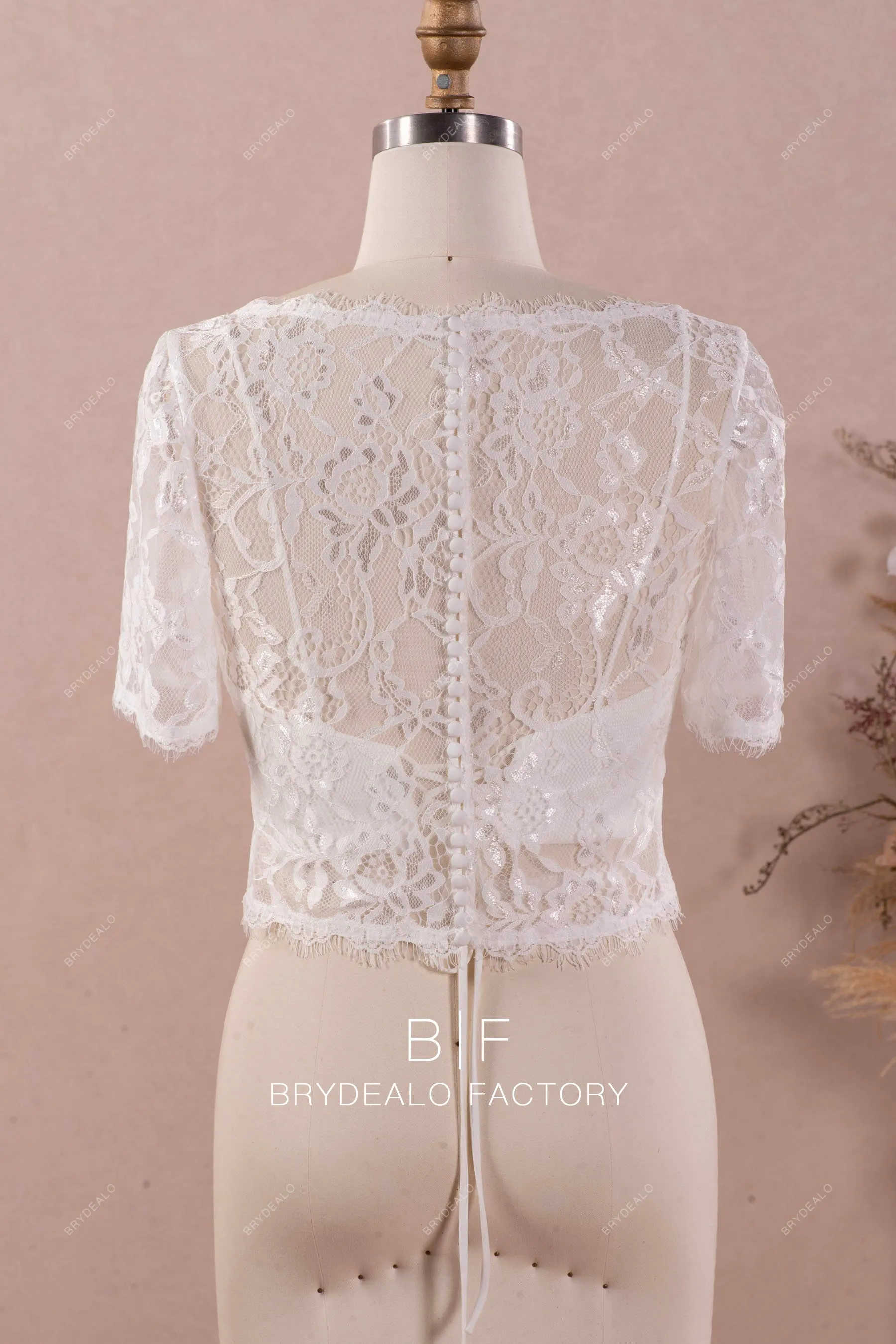 Elegant Lace Half Sleeves Crop Top Thin Strap Crepe Wedding Bolero