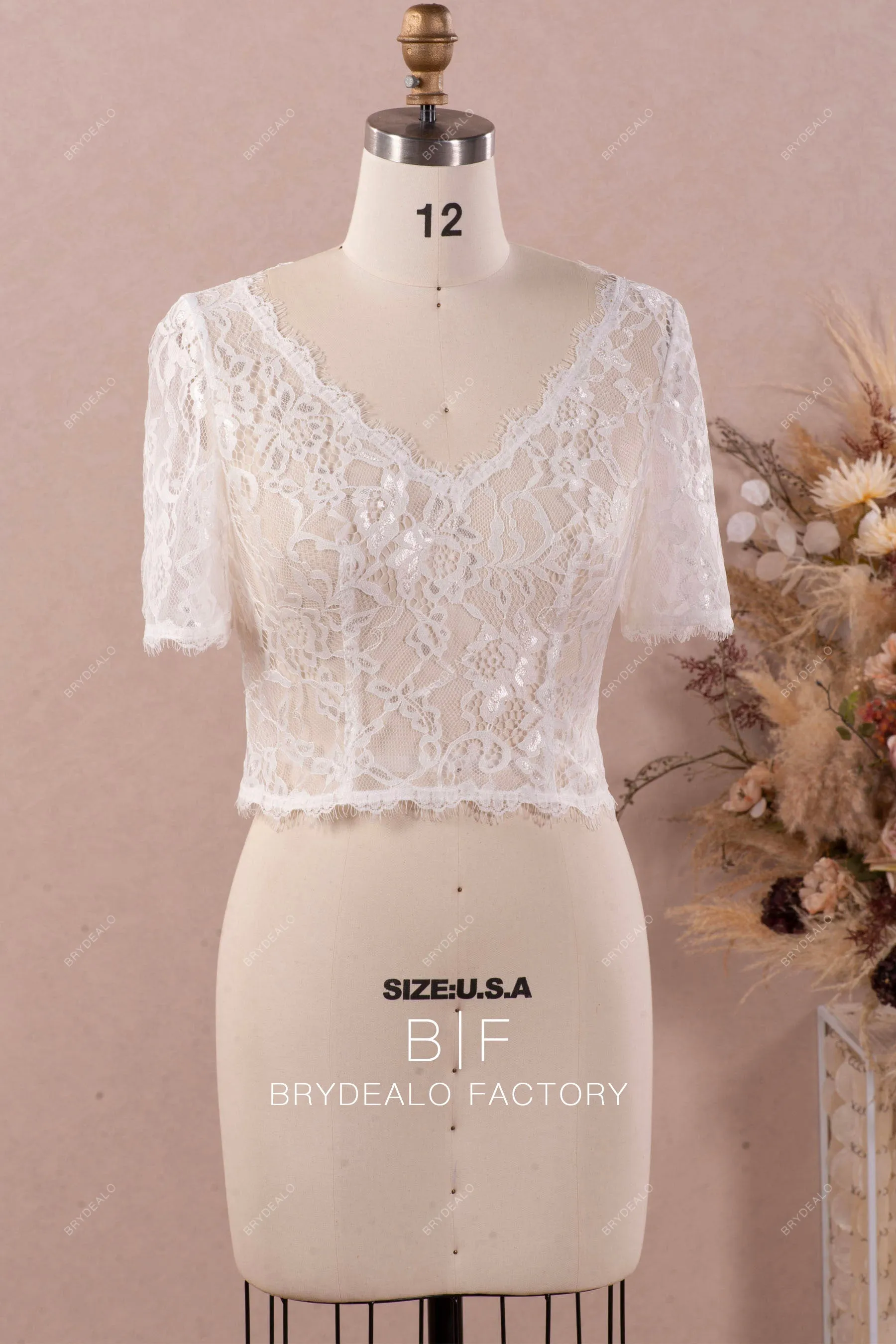 Elegant Lace Half Sleeves Crop Top Thin Strap Crepe Wedding Bolero