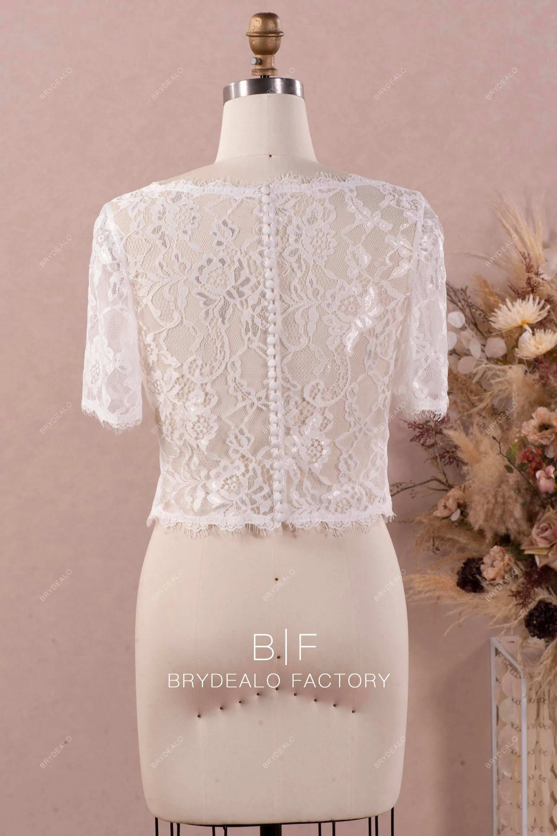 Elegant Lace Half Sleeves Crop Top Thin Strap Crepe Wedding Bolero