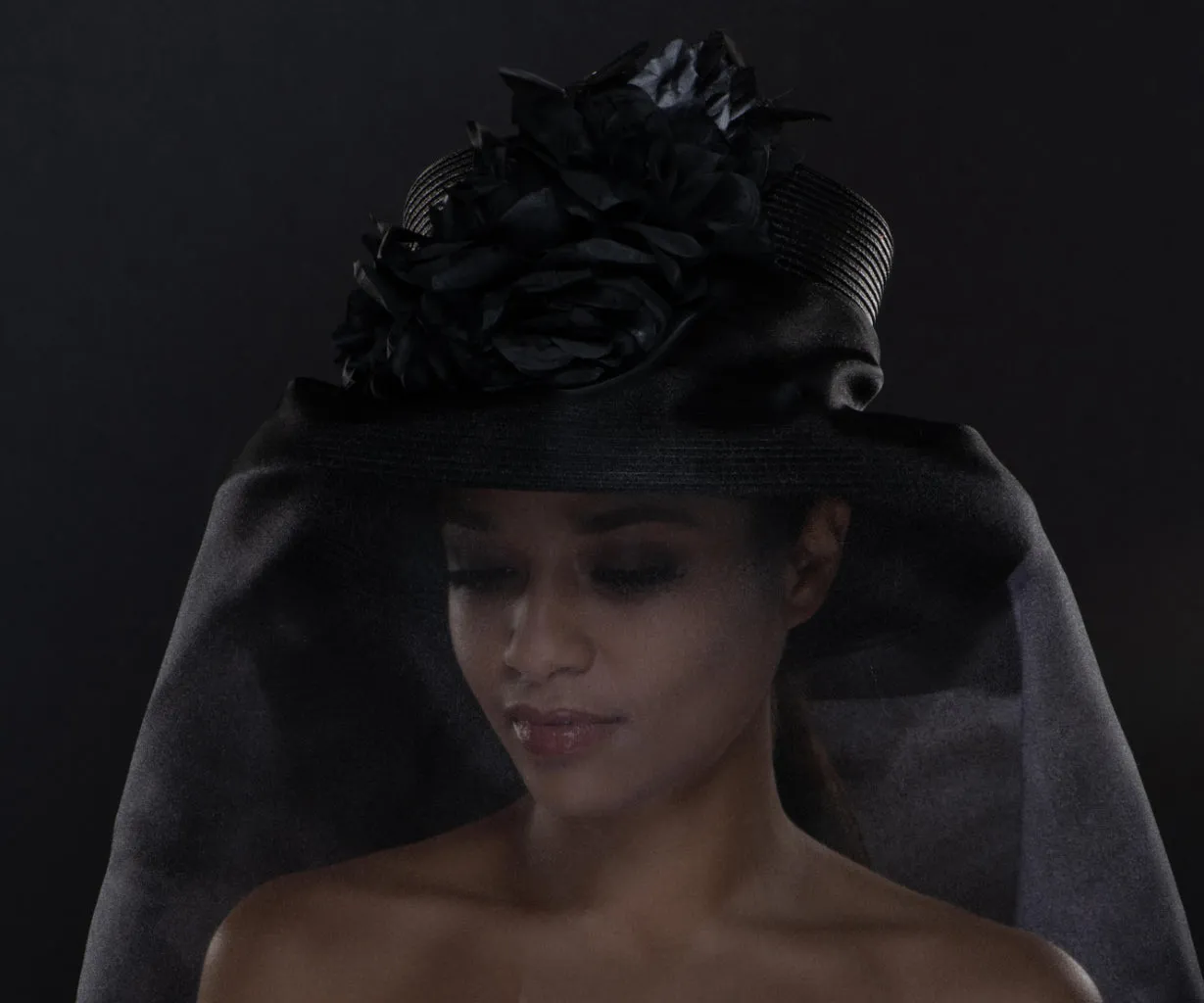F33002- Ladies Black Funeral Dress Hat With Veil