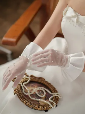 Fashionable Elegant Short Sleeve Hollow Lace Bridal Gloves With Faux Pearl Decoration
