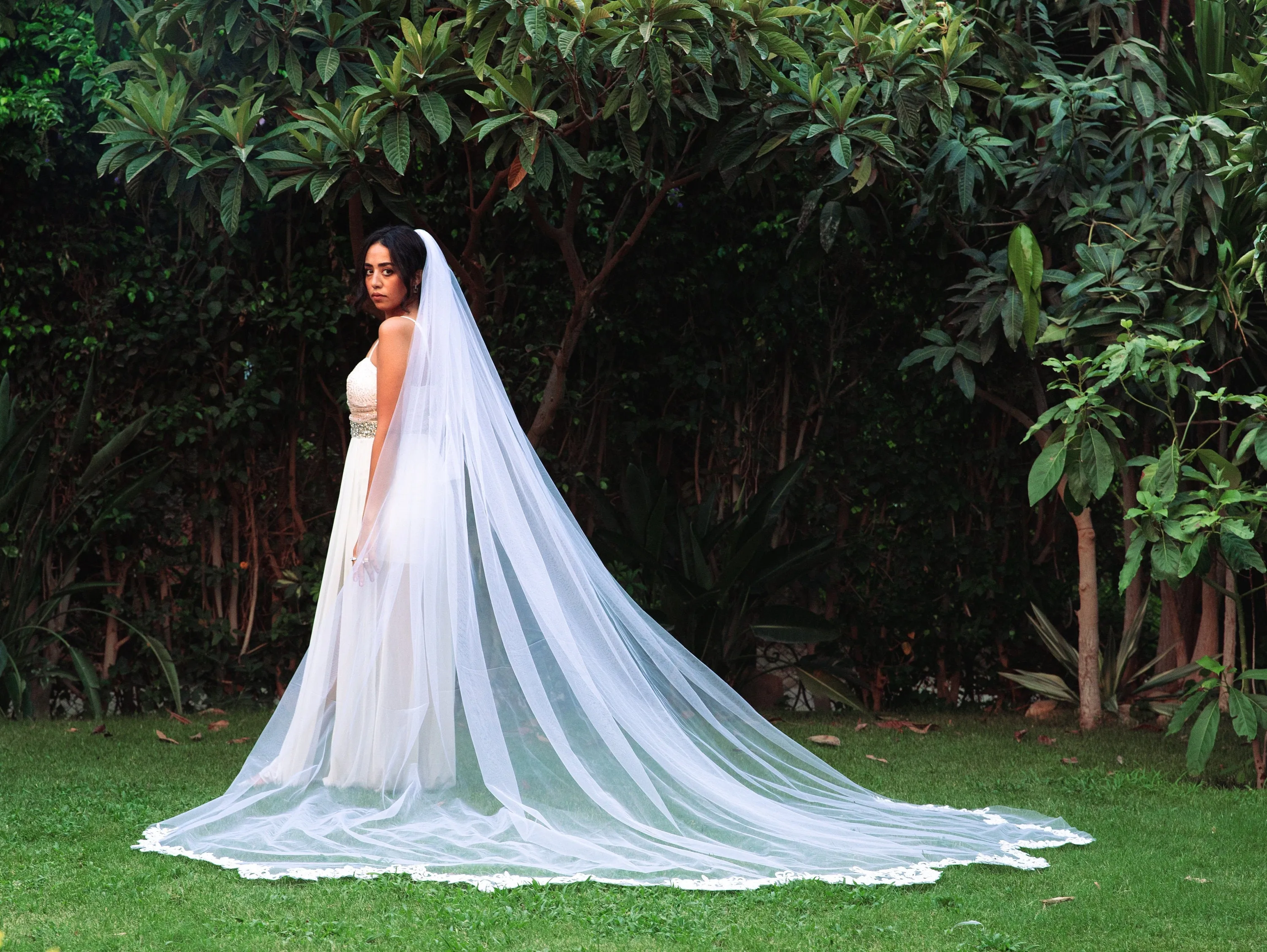 Floral Wedding Veil, Veil With Blusher, Cathedral Length Veil, Vintage Simple Wedding Veil For Bride