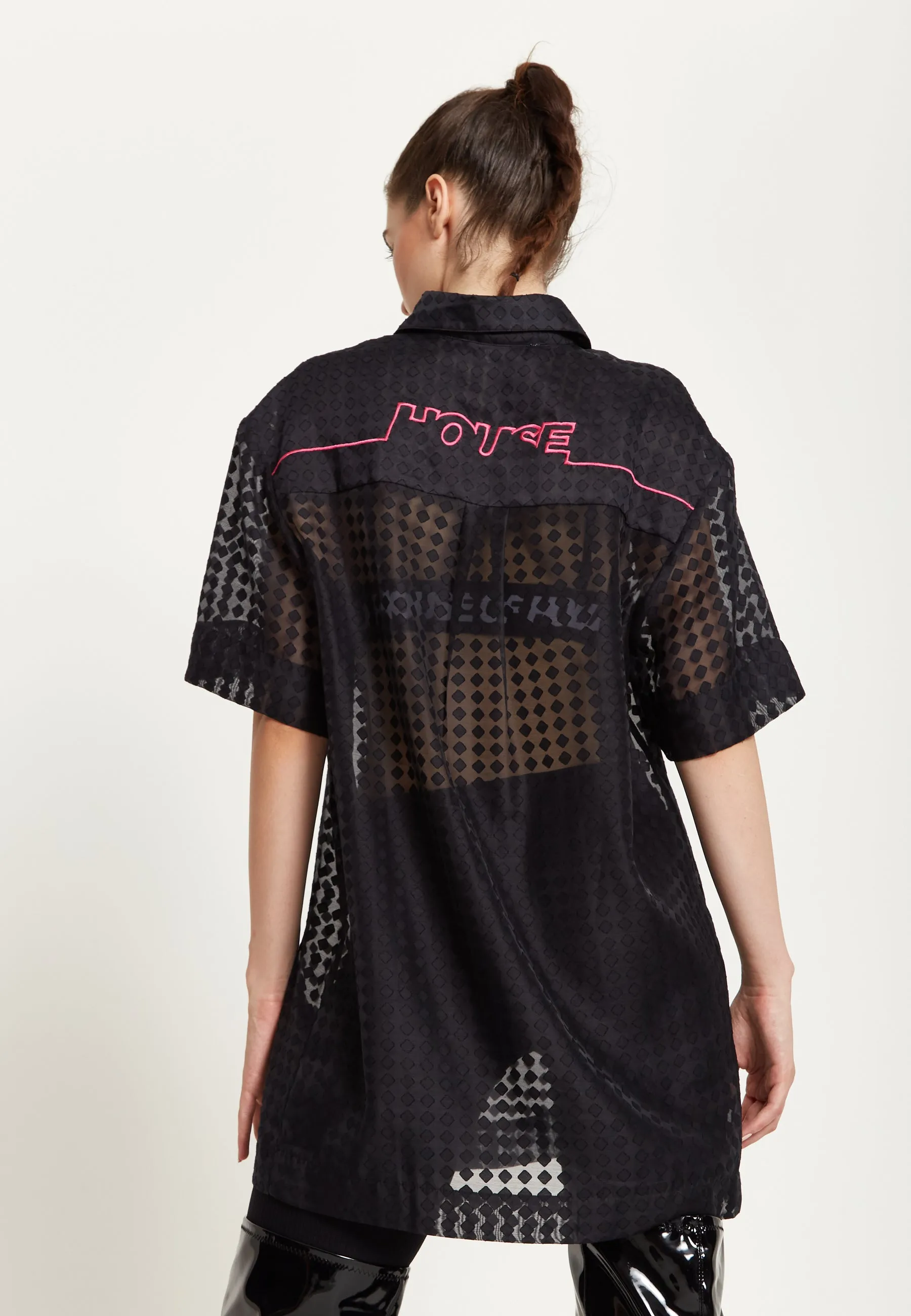 House Of Holland Logo Back Shirt in Black with Pink Embroidery