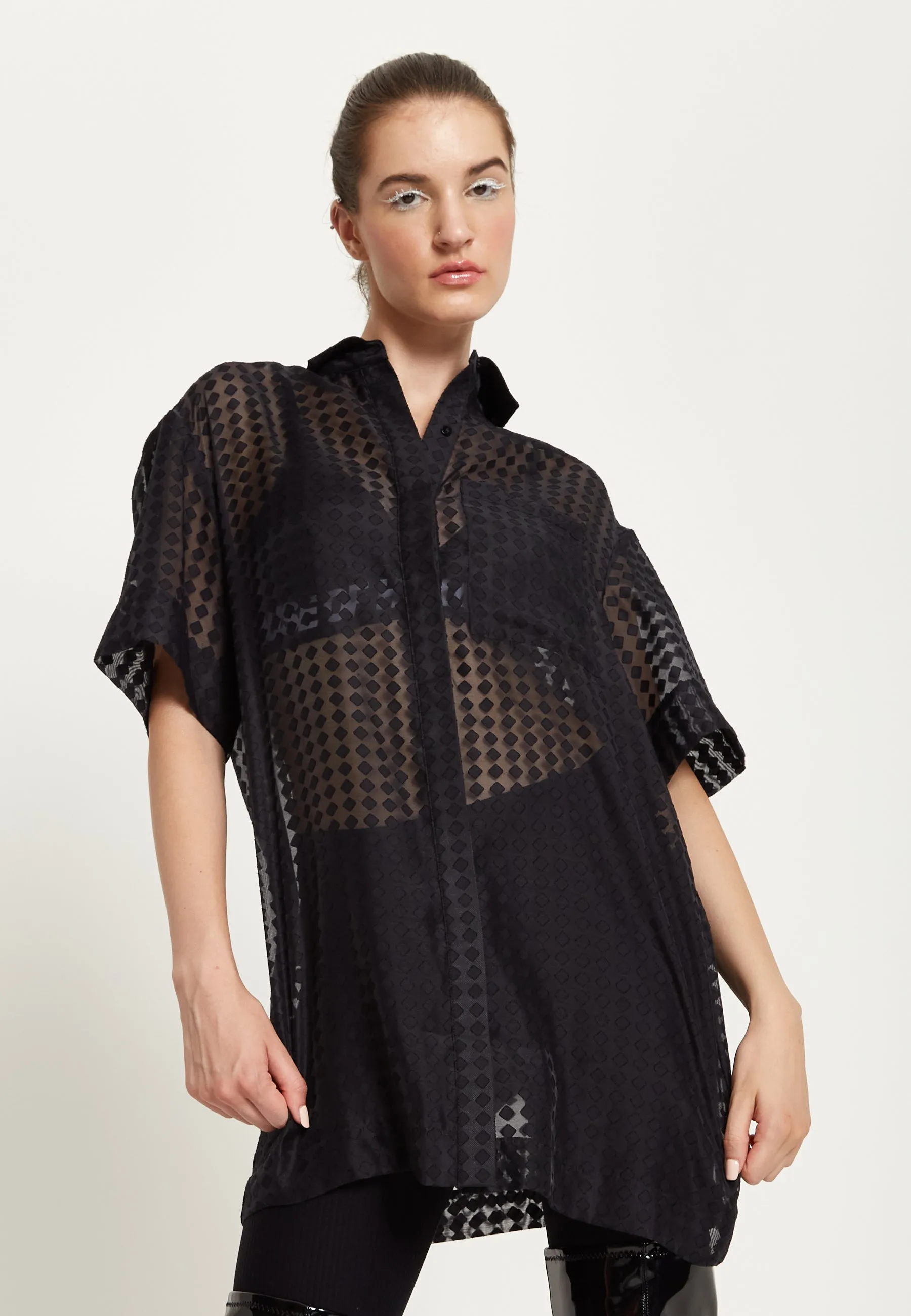 House Of Holland Logo Back Shirt in Black with Pink Embroidery
