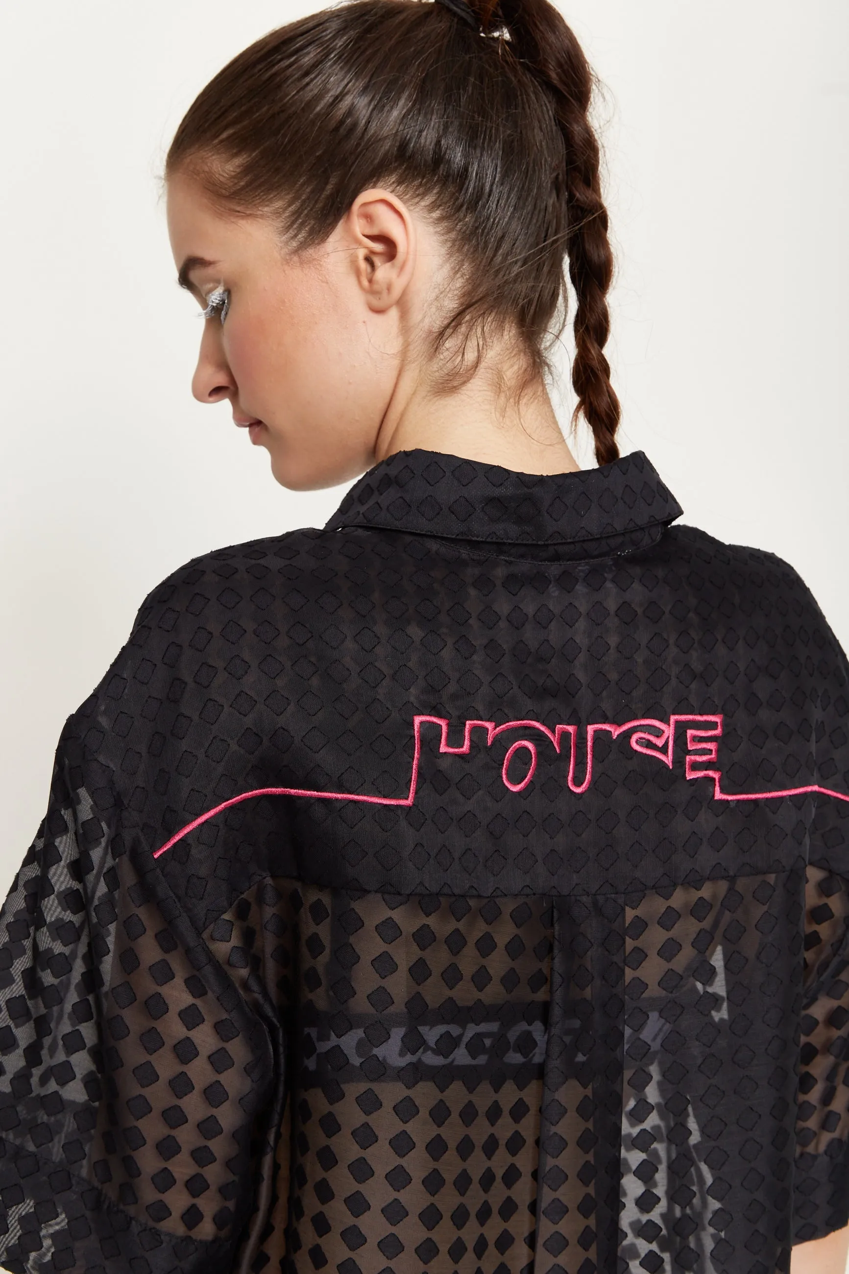 House Of Holland Logo Back Shirt in Black with Pink Embroidery
