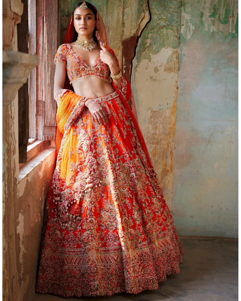 Juno Sunset Orange Raw Silk Bridal Lehenga Set