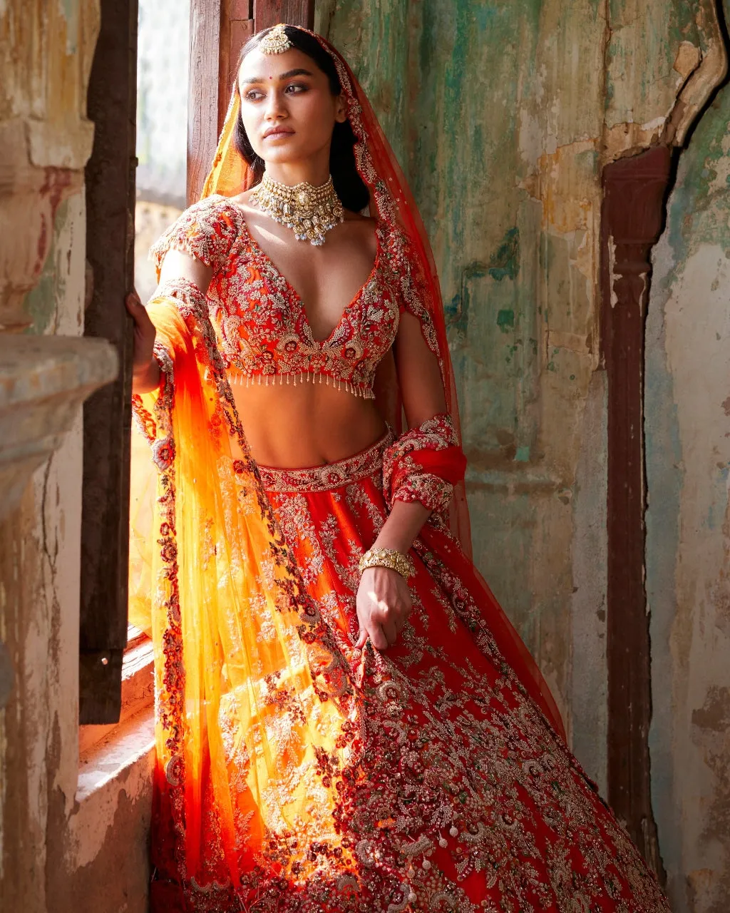 Juno Sunset Orange Raw Silk Bridal Lehenga Set