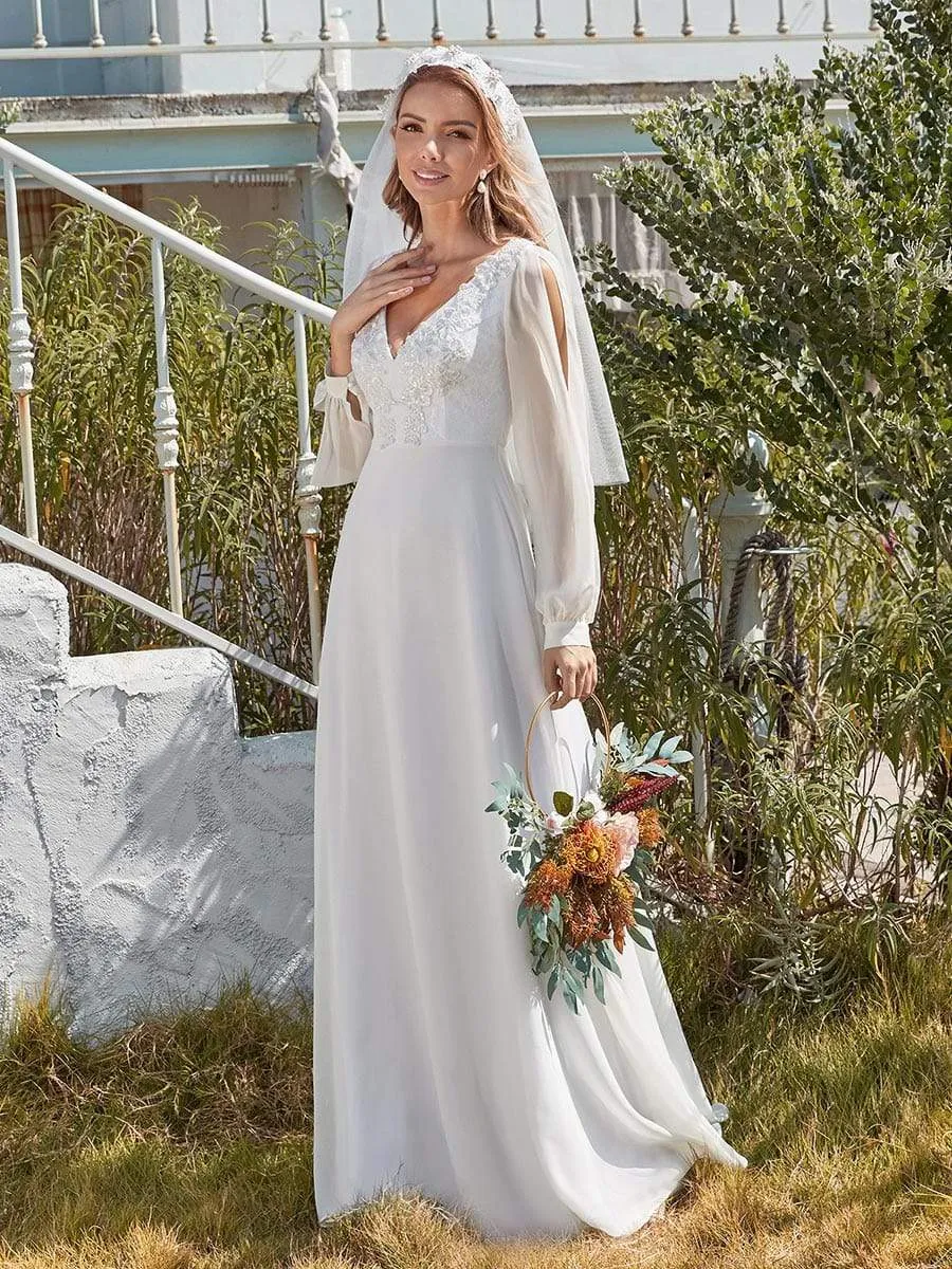 Long Sleeve Appliqued Chiffon Elopement Wedding Dress