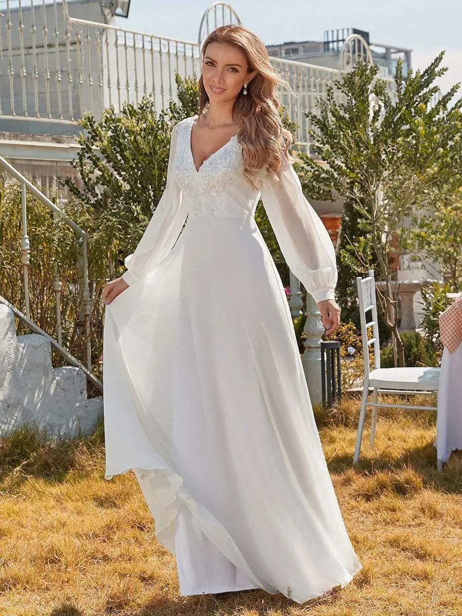 Long Sleeve Appliqued Chiffon Elopement Wedding Dress